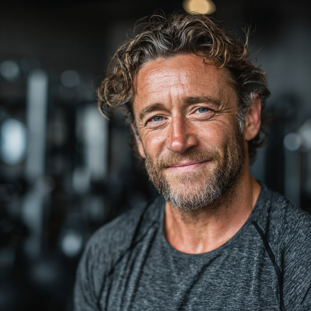 Happy middle-aged man in his 50s wearing athletic clothing, smiling after completing a workout session in a modern gym environment, showing satisfaction and accomplishment